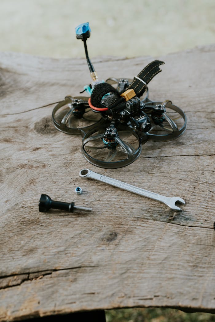 journey-02 Close-up of drone parts and tools on a wooden table, ideal for tech repair themes.