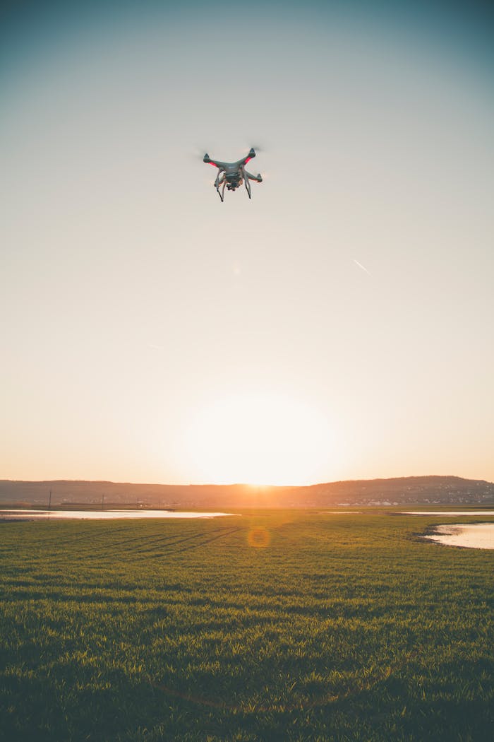 services-01 A drone flies over a tranquil landscape at sunset, capturing lush green fields and a serene horizon.
